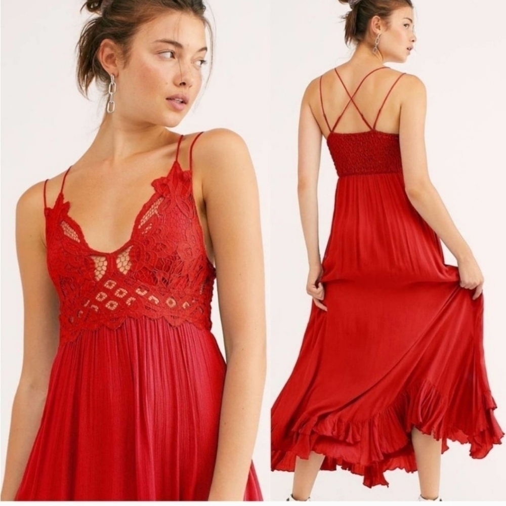 Free People Dres XS Adella Maxi Slip Boho Crochet Lace Red Summer Cottage NEW - Picture 8 of 8